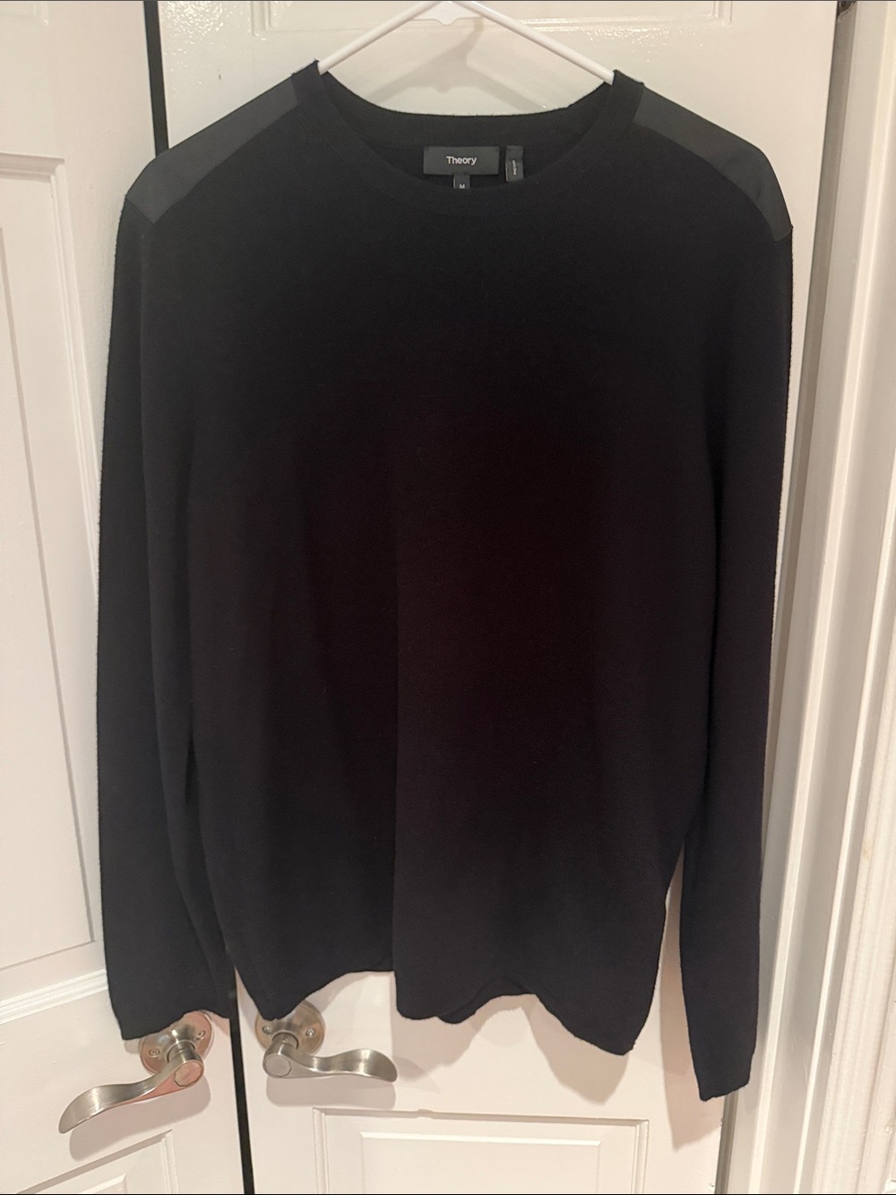 Theory Men’s Blk Crewneck Sweater with Contrasting Woven Panels along Shoulders